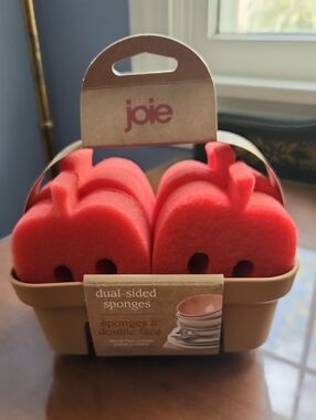NIB Joie Red Apple Dual-Sided Sponges with Tan Holder